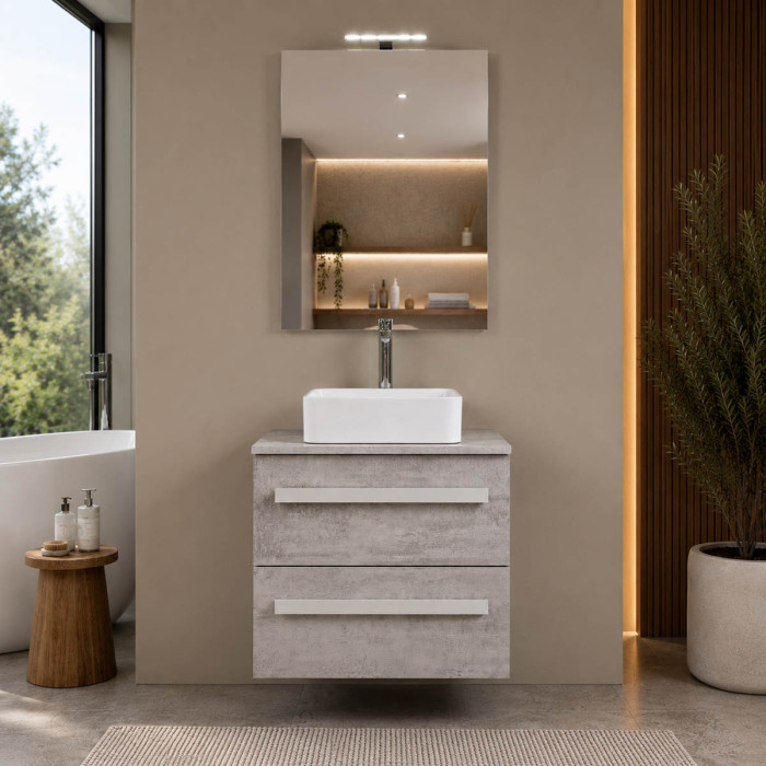 Mobile bagno sospeso 60 cm Lirioa cemento chiaro con lavabo d'appoggio
