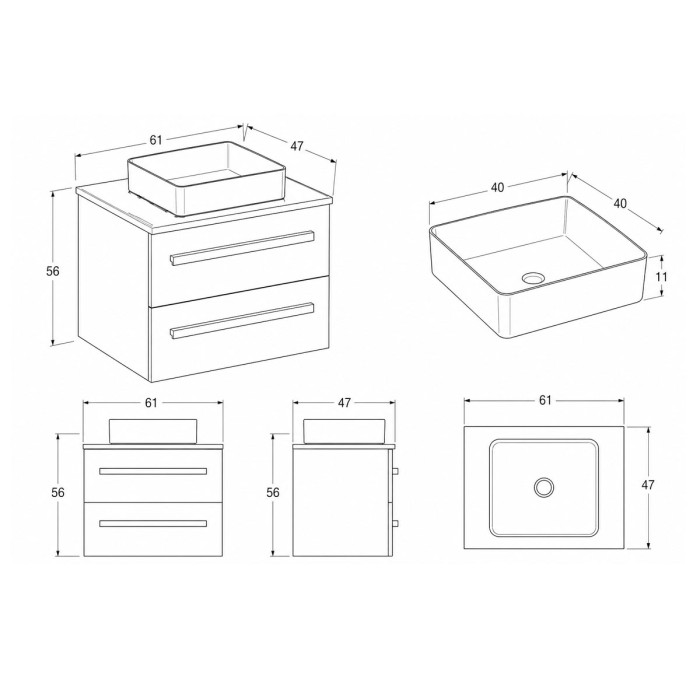 Arredo bagno sospeso 60 cm cemento scuro con lavabo d'appoggio