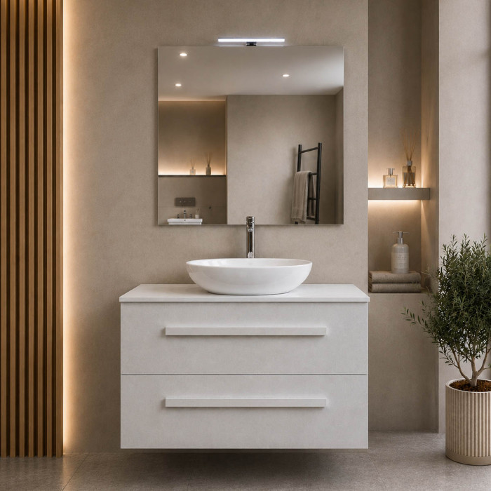 Mobile bagno sospeso Lirioa 80 cm cemento bianco con lavabo d’appoggio