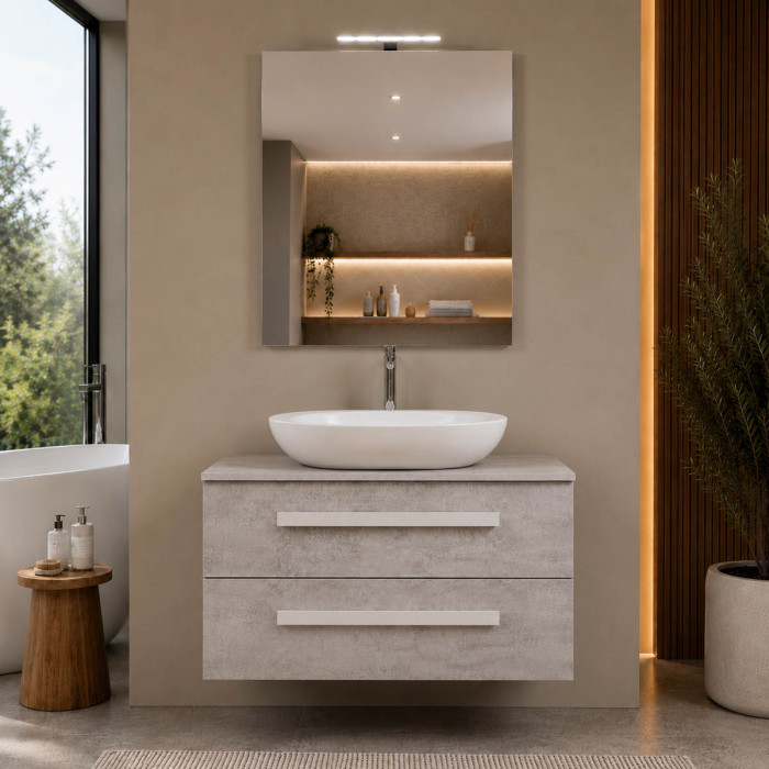 Mobile bagno sospeso Lirioa 80 cm cemento chiaro con lavabo d’appoggio