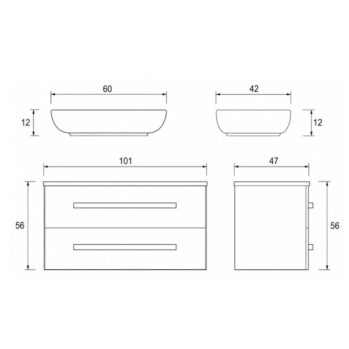 Disegno tecnico mobile bagno tortora Lirioa 100 cm con lavabo d’appoggio
