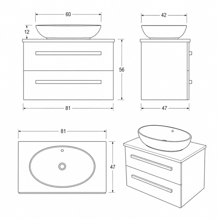 Disegno tecnico mobile bagno Lirioa 80 cm con lavabo d’appoggio effetto cemento scuro