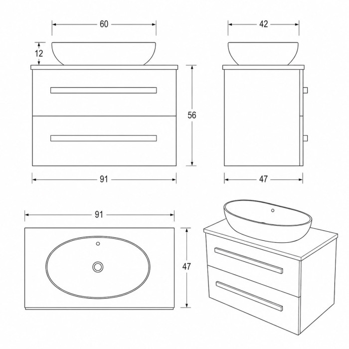 Disegno tecnico mobile bagno Lirioa finitura cemento antracite 90 cm con lavabo d’appoggio