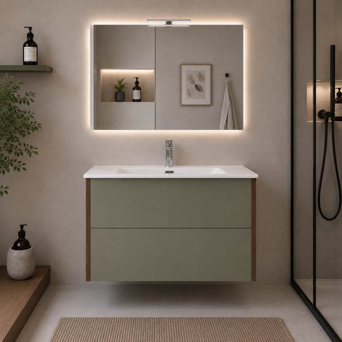 Mobile bagno sospeso Shape 100 cm rovere Barok e verde oliva