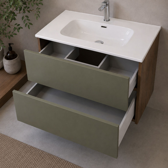 Mobile bagno sospeso moderno da 80 cm verde oliva