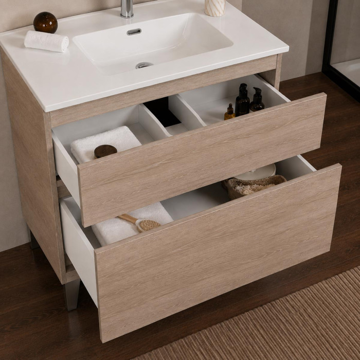 Dettaglio cassetti capienti con chiusura rallentata musa 80 cm rovere