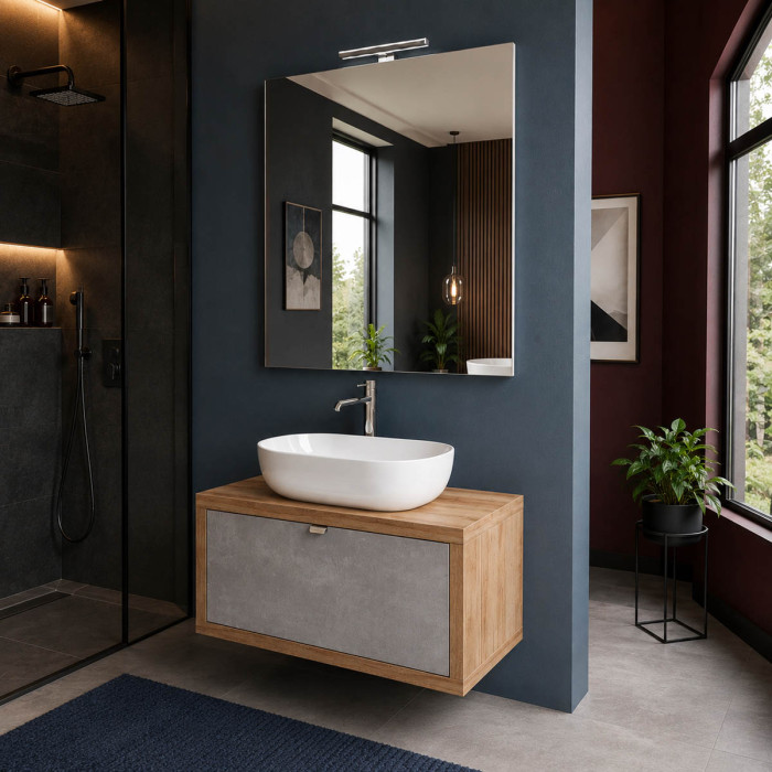 DOMUS - Mobile bagno sospeso 80 cm con cassetto lavabo specchio Rovere / Cemento Grigio scuro