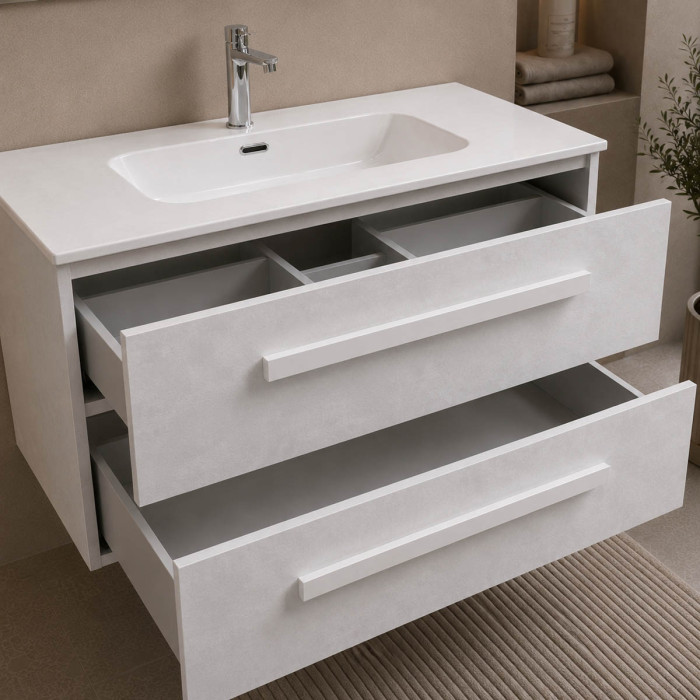 Dettaglio cassetti mobile bagno LIRIO 100 cm effetto cemento bianco