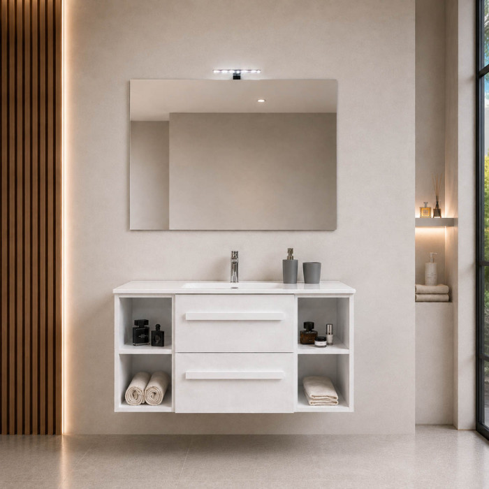 Mobile bagno sospeso LIRIOC 120 cm cemento bianco con lavabo in ceramica