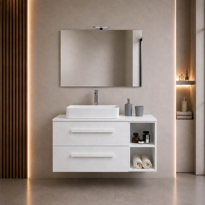 Mobile bagno sospeso LIRIOT 120 cm cemento bianco con lavabo da appoggio