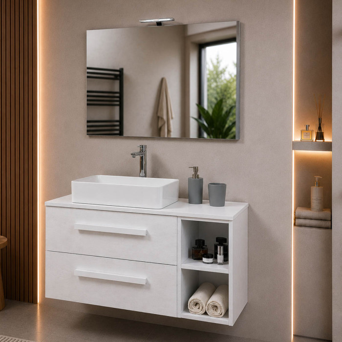 Mobile bagno sospeso 120 cm cemento bianco con cassetti soft close