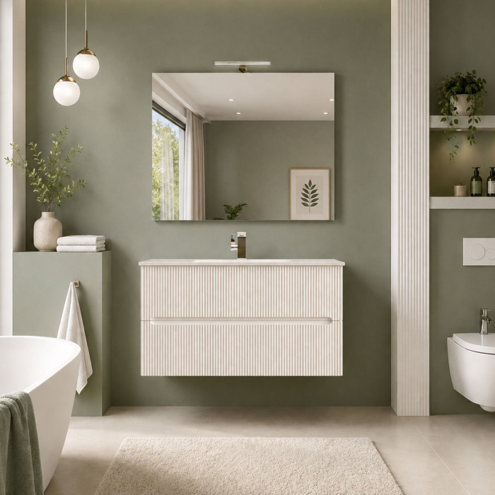 Mobile bagno sospeso FLY 100 cm bianco opaco cannettato con lavabo in ceramica