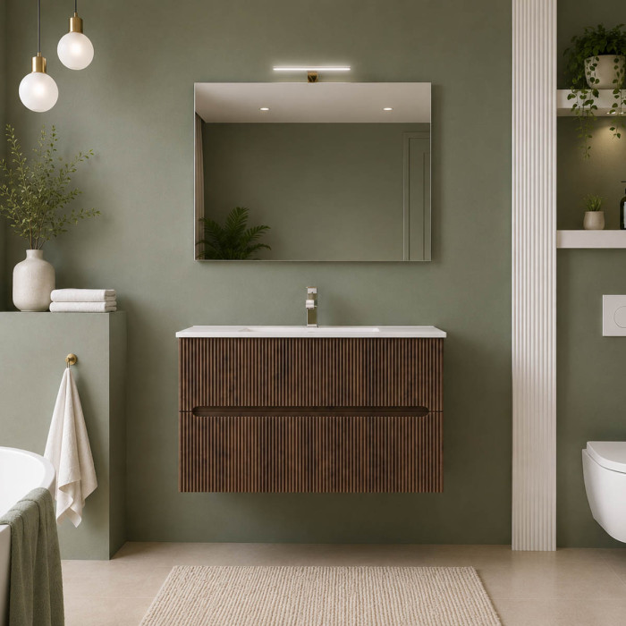 Mobile bagno sospeso FLY 100 cm noce cannettato con lavabo in ceramica