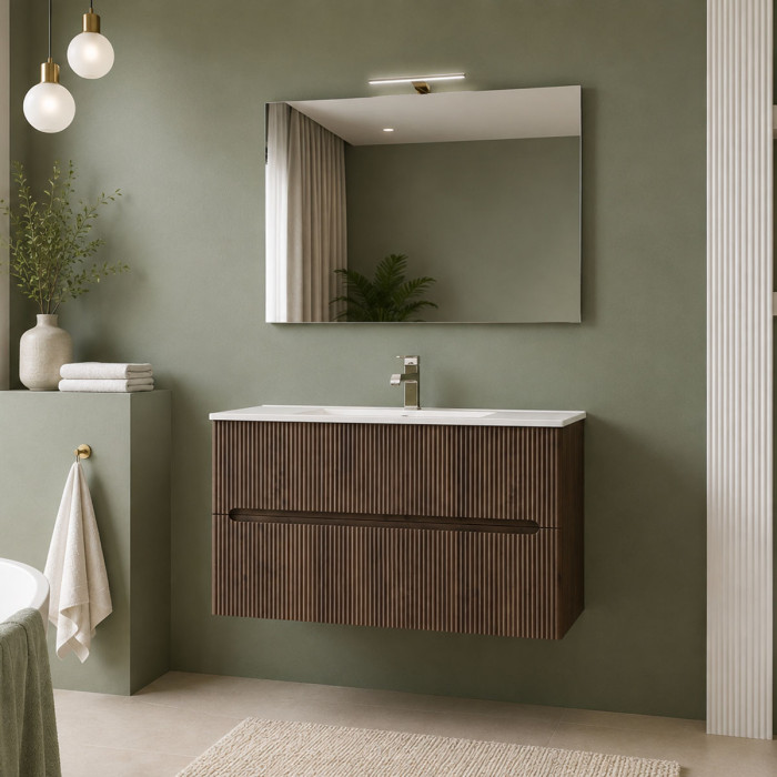 Mobile bagno moderno FLY 100 cm noce con lavabo integrato