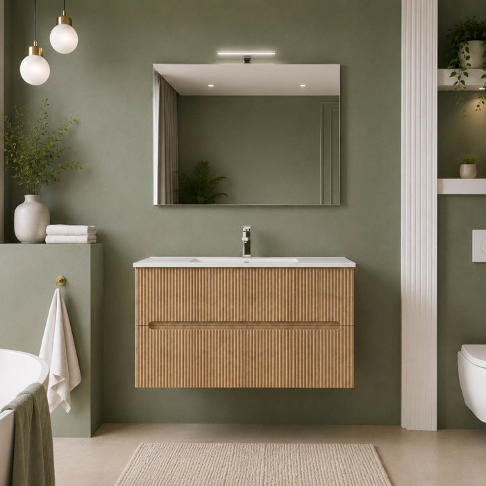 Mobile bagno sospeso FLY 100 cm tabacco cannettato con lavabo in ceramica