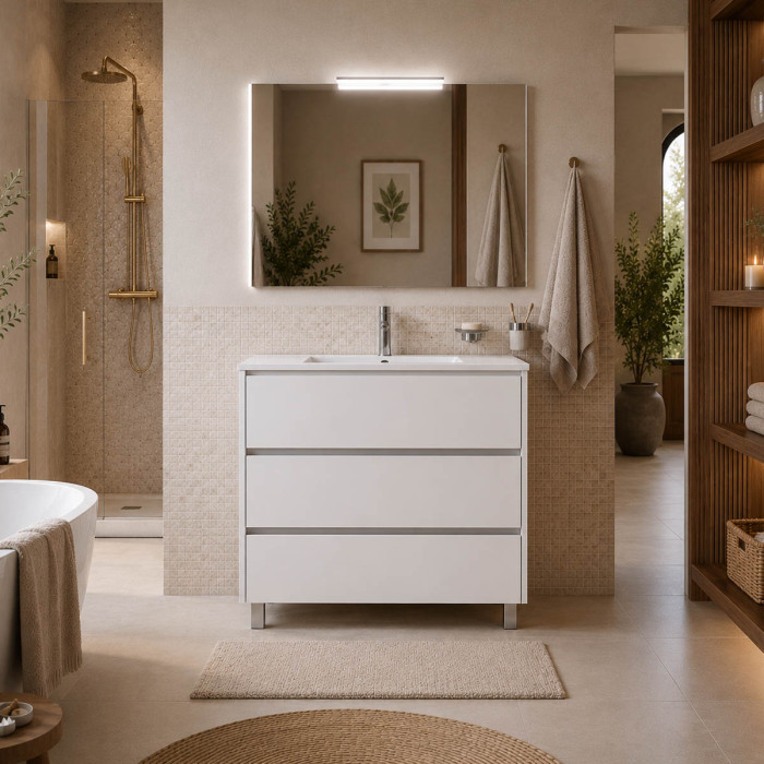 Mobile bagno ARENYS 80 cm bianco lucido con lavabo in porcellana