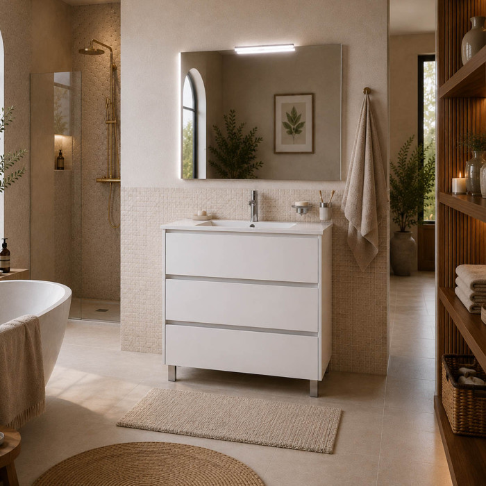 Mobile bagno ARENYS 80 cm con specchio e applique LED bianco