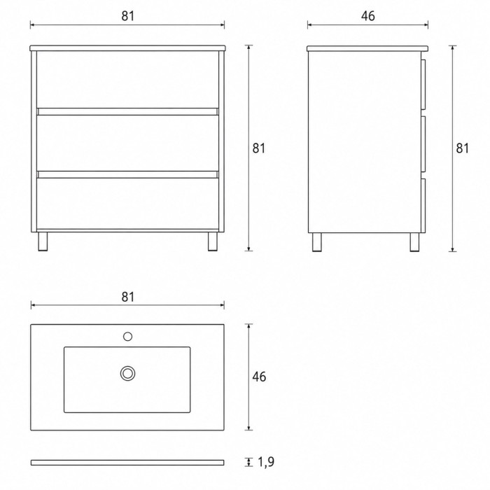 ARENYS - Mobile Bagno 80 cm Bianco Lucido con 3 Cassetti Soft Close e Lavabo in Porcellana