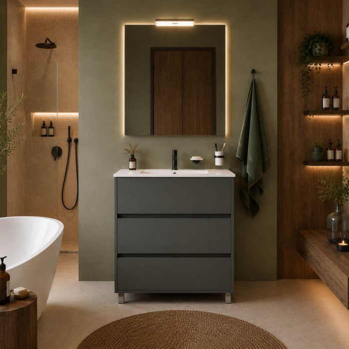 Mobile bagno ARENYS 80 cm grigio scuro opaco con lavabo in porcellana