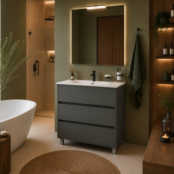 Mobile bagno ARENYS 80 cm grigio scuro con specchio e applique LED