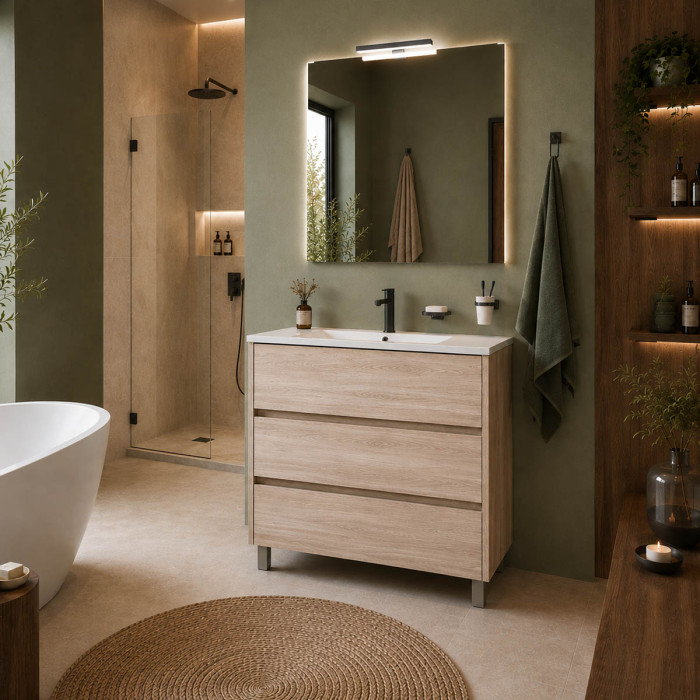 Arredo bagno a terra 3 cassetti 80 cm rovere caledonia completo di lavabo specchio e applique