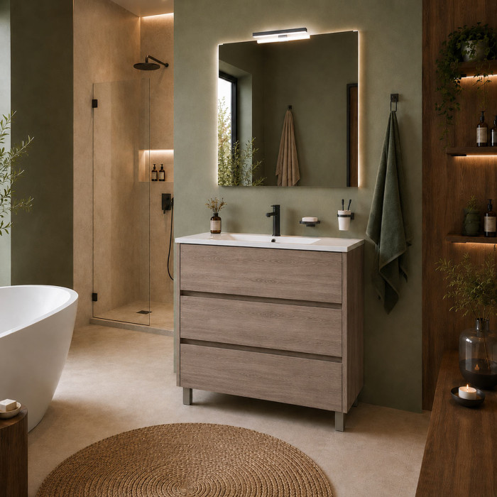 Arredo bagno a terra 3 cassetti 80 cm rovere eternity completo di lavabo specchio e applique
