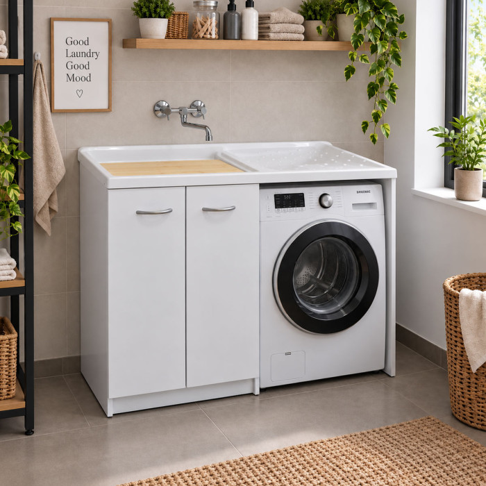Mobile lavanderia LADY INTRA con lavatoio e porta lavatrice DX 124x61 cm bianco opaco