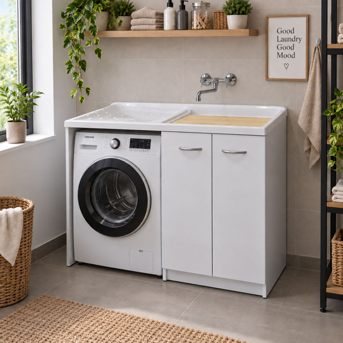 LADY INTRA mobile lavanderia con lavatoio e porta lavatrice SX 124 cm bianco opaco