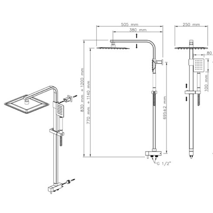 Colonna doccia ZEUS con soffione ultraslim 25x25 cm