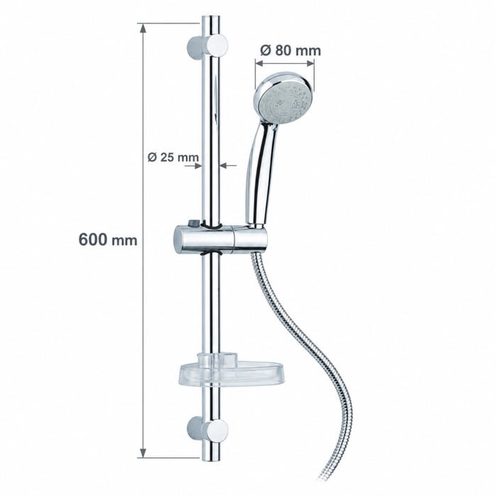 Dimensioni saliscendi AURORA altezza 600 mm tubo Ø 25 mm doccetta Ø 80 mm