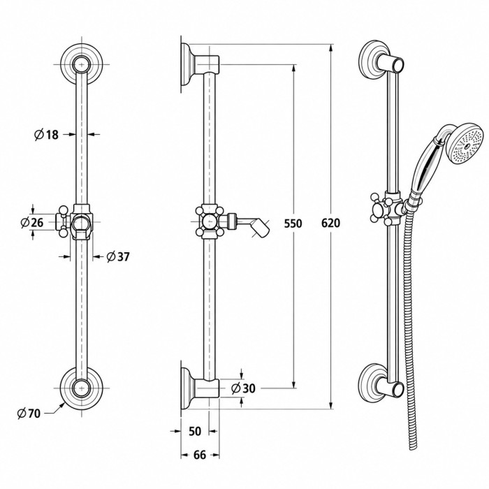 Disegno tecnico saliscendi OTELLO cromato con dimensioni