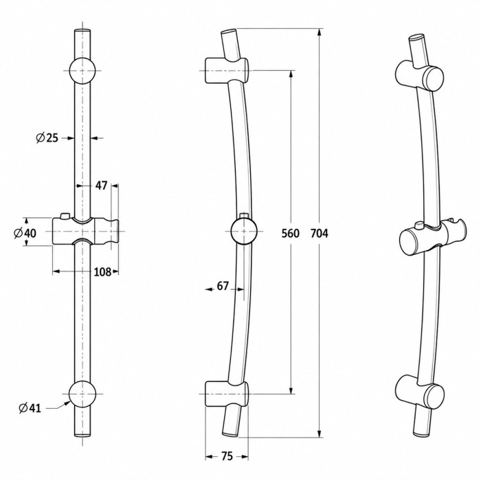 Disegno tecnico saliscendi doccia MARTE in ottone cromato