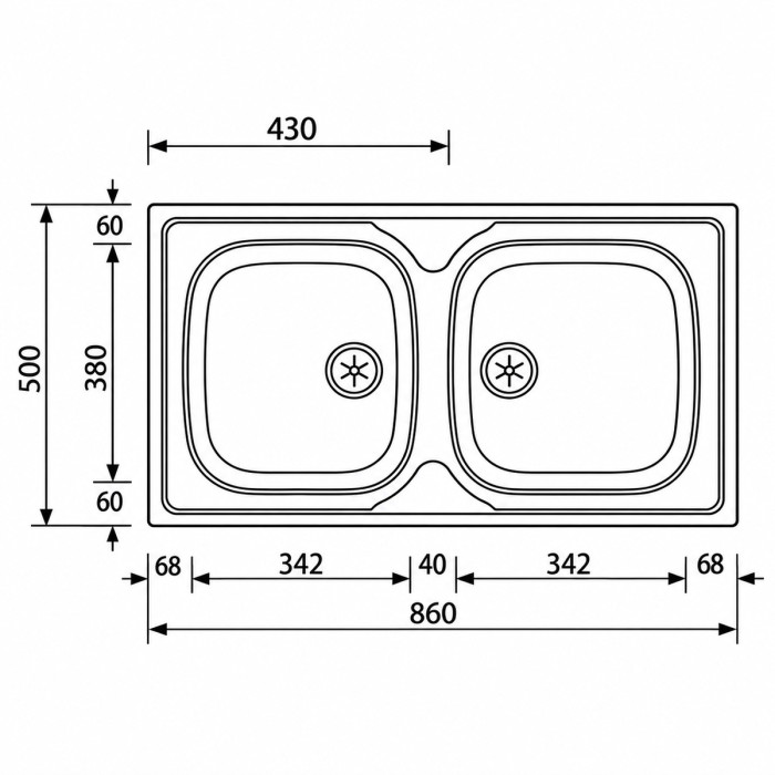 Disegno tecnico lavello da incasso ATLANTIC a 2 vasche