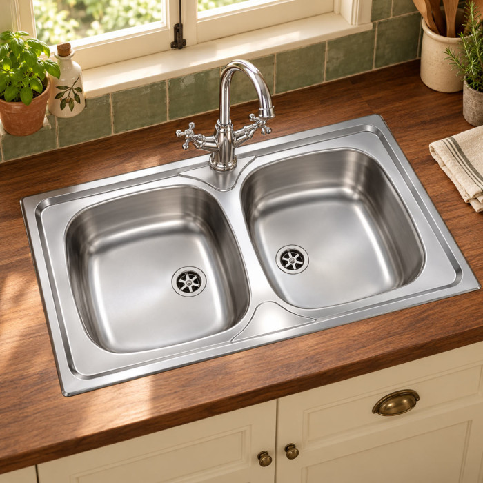 Lavello da incasso ATLANTIC 2 vasche in acciaio inox 86 × 50 cm