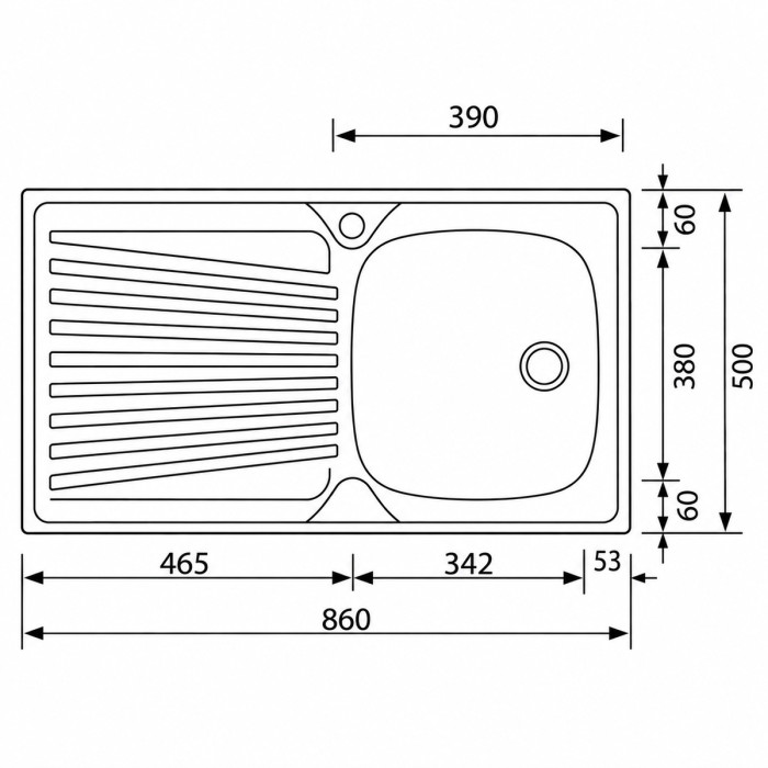 Disegno tecnico lavello MONDIAL 86 × 50 cm vasca destra