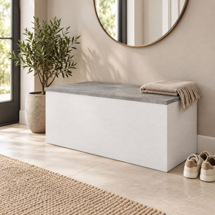 Panca baule HALLWAY 90 cm bianco e cemento con contenitore
