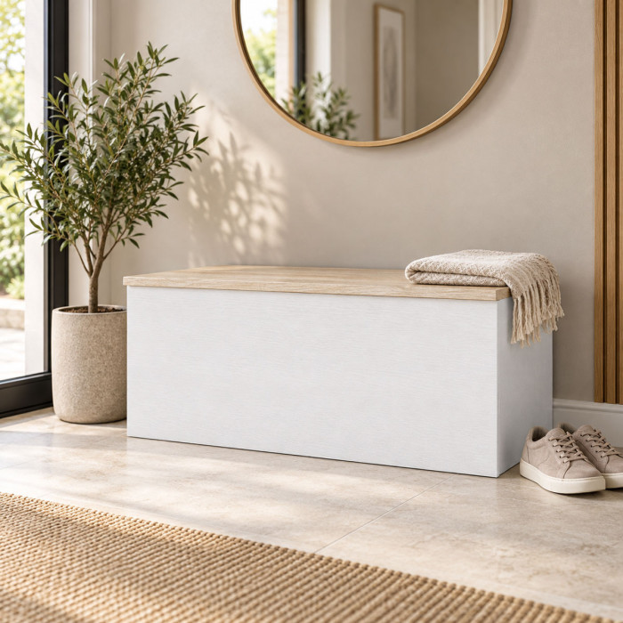 Panca baule HALLWAY 90 cm bianco e rovere con contenitore