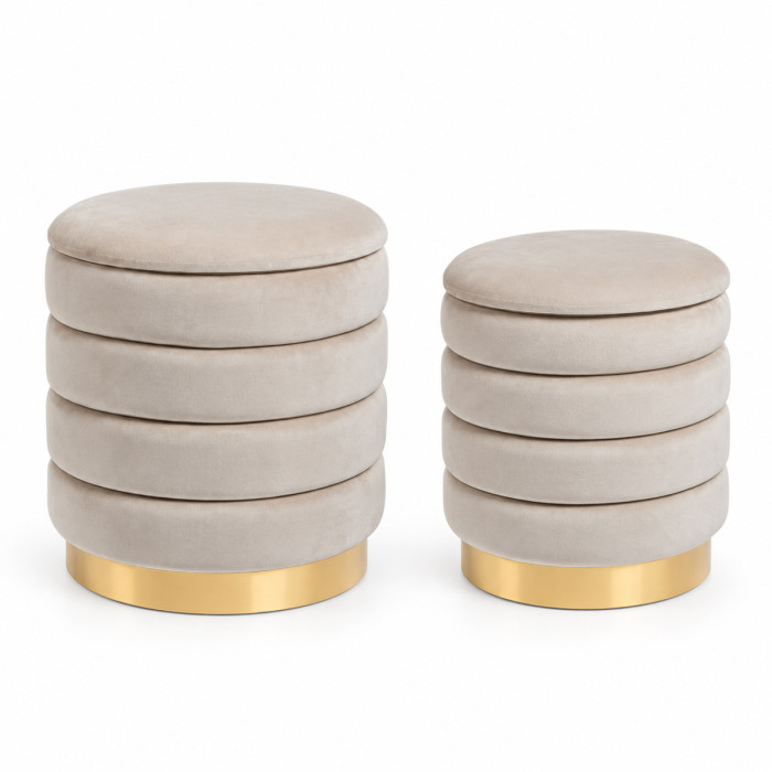 Set pouf grande e piccolo in velluto beige con base dorata