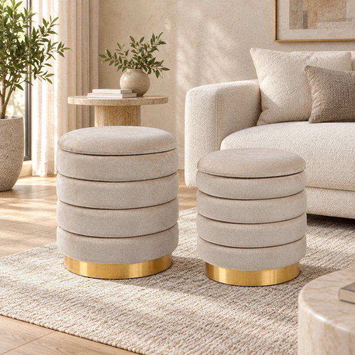 Set 2 pouf contenitore DARINA beige in velluto