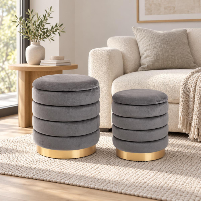Set 2 pouf contenitore DARINA grigi in velluto