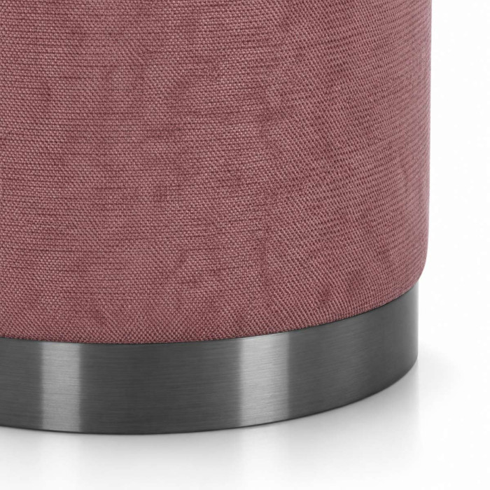 Pouf cilindrico rosa antico con seduta imbottita e base metallica
