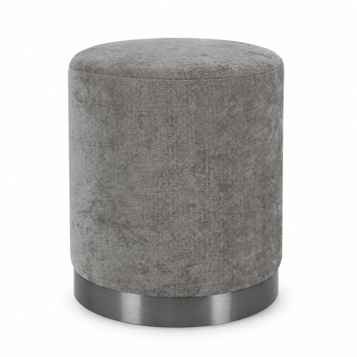 Pouf rotondo grigio con base metallica per ingresso e salotto