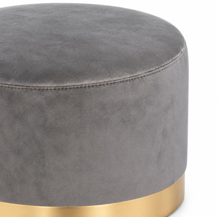 Pouf cilindrico grigio con seduta imbottita e base dorata