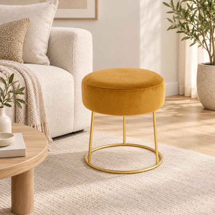 Pouf sgabello CLARISSA giallo ocra in velluto Ø 35 x H 40 cm