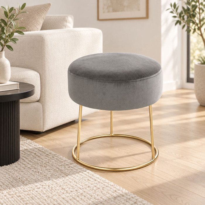 Pouf sgabello CLARISSA grigio in velluto Ø 35 x H 40 cm