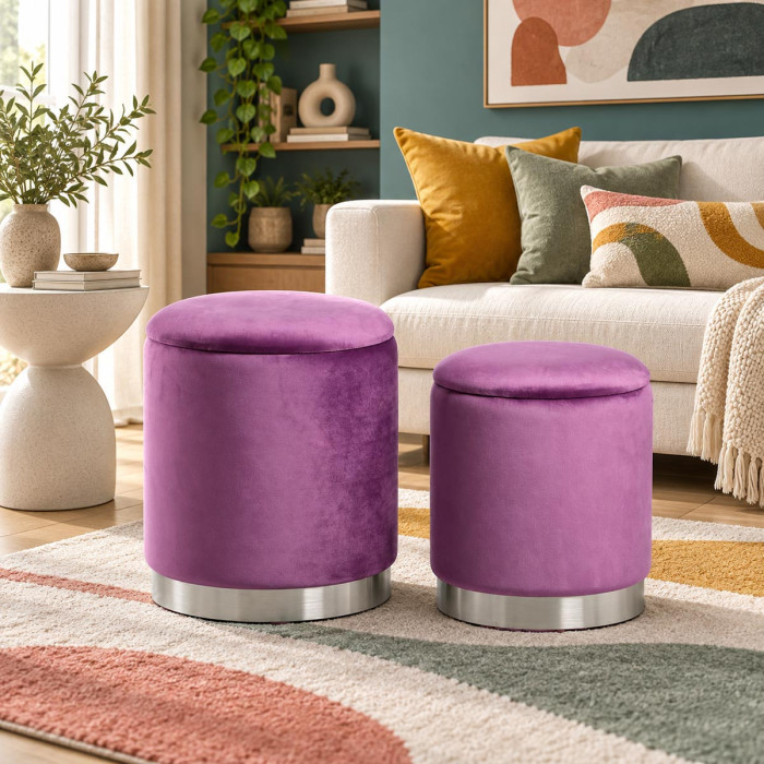 Set 2 pouf contenitore PELIN lavanda in velluto