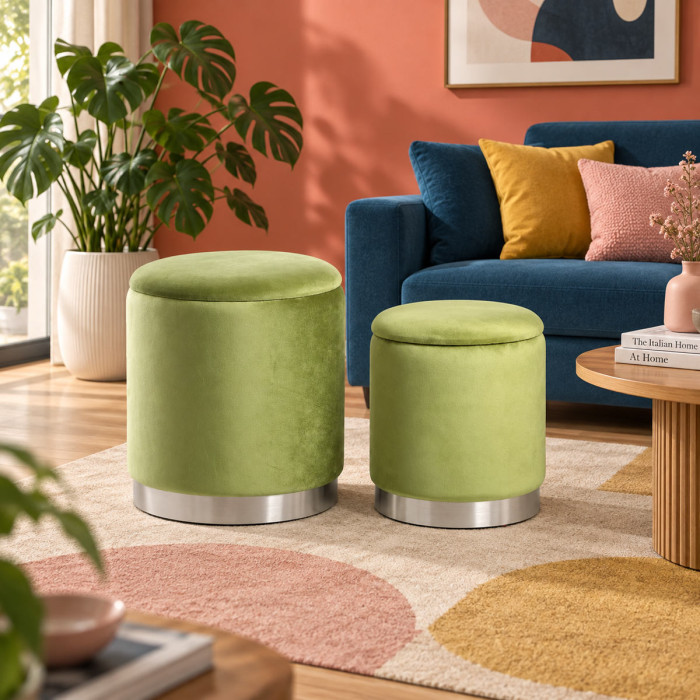 Set 2 pouf contenitore PELIN verde acido in velluto