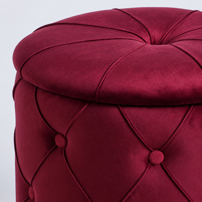 Pouf in velluto bordeaux con vano portaoggetti interno