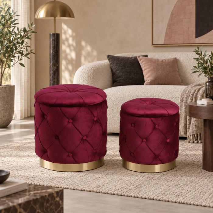 Set 2 pouf contenitore CHESTER bordeaux in velluto