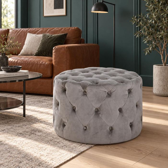 Pouf tondo LORELLA grigio in velluto capitonné Ø 60 x H 42 cm